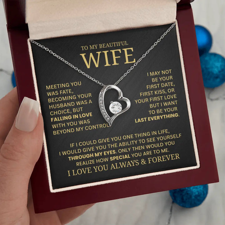 Heart-shaped necklace with sentimental message card for a wife