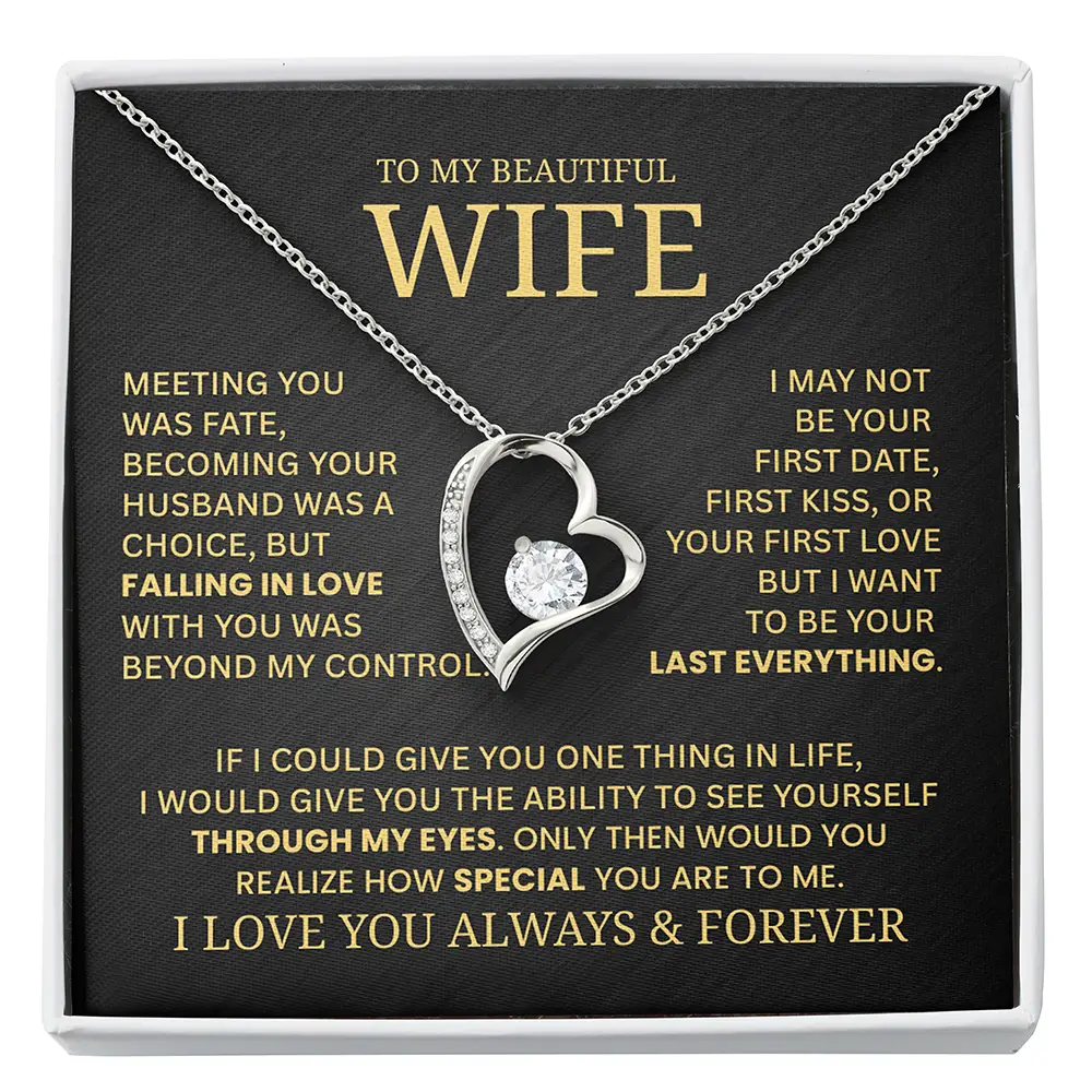 Necklace with heart design and sentimental message for a wife on a black background