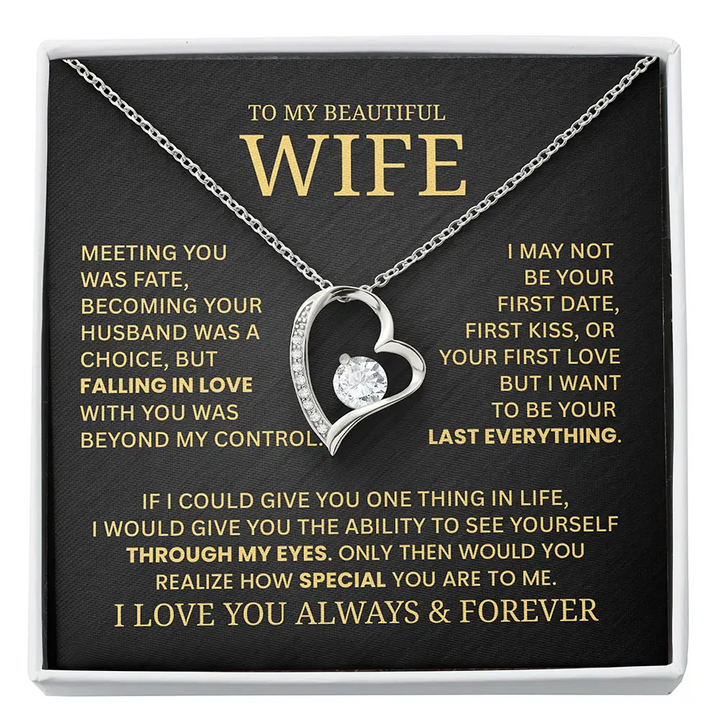 Necklace with heart design and sentimental message for a wife on a black background
